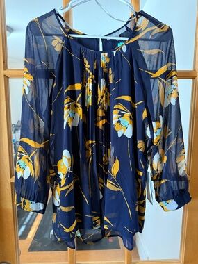 Daniel Rainn Navy Floral Pleated Chiffon Blouse - Mustard & Light Blue